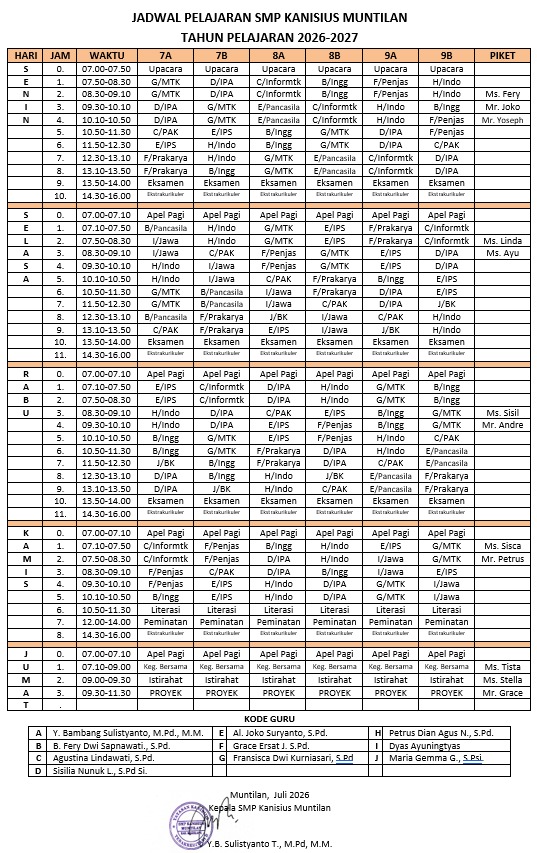 Jadwal Mata Pelajaran TA 2026-2027
